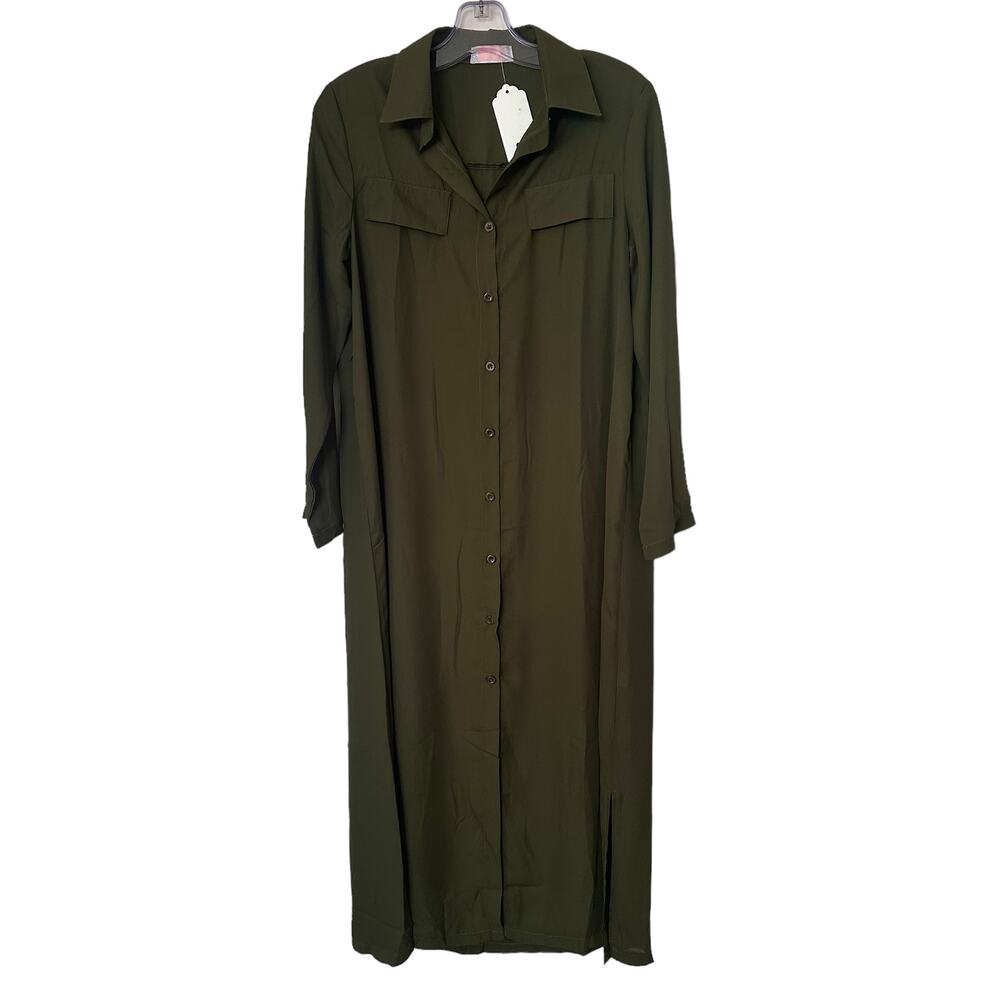 NWT C+D+M Long Sleeve Button Down Maxi Shirt Dress Olive Green Size Medium